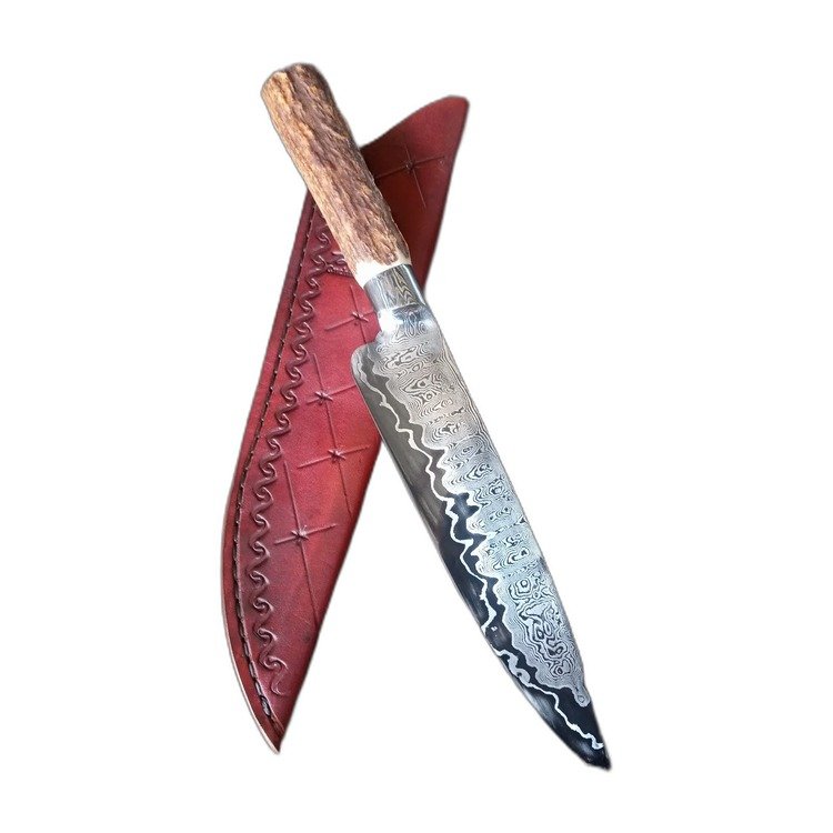 Cuchillo criollo artesanal, hoja de acero damasco